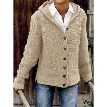 Women Sweaters Autumn Open Stitch Fleece Hooded Button Up Soft Jacket Long Sleeve Tops Knitted Cardigan Outwear